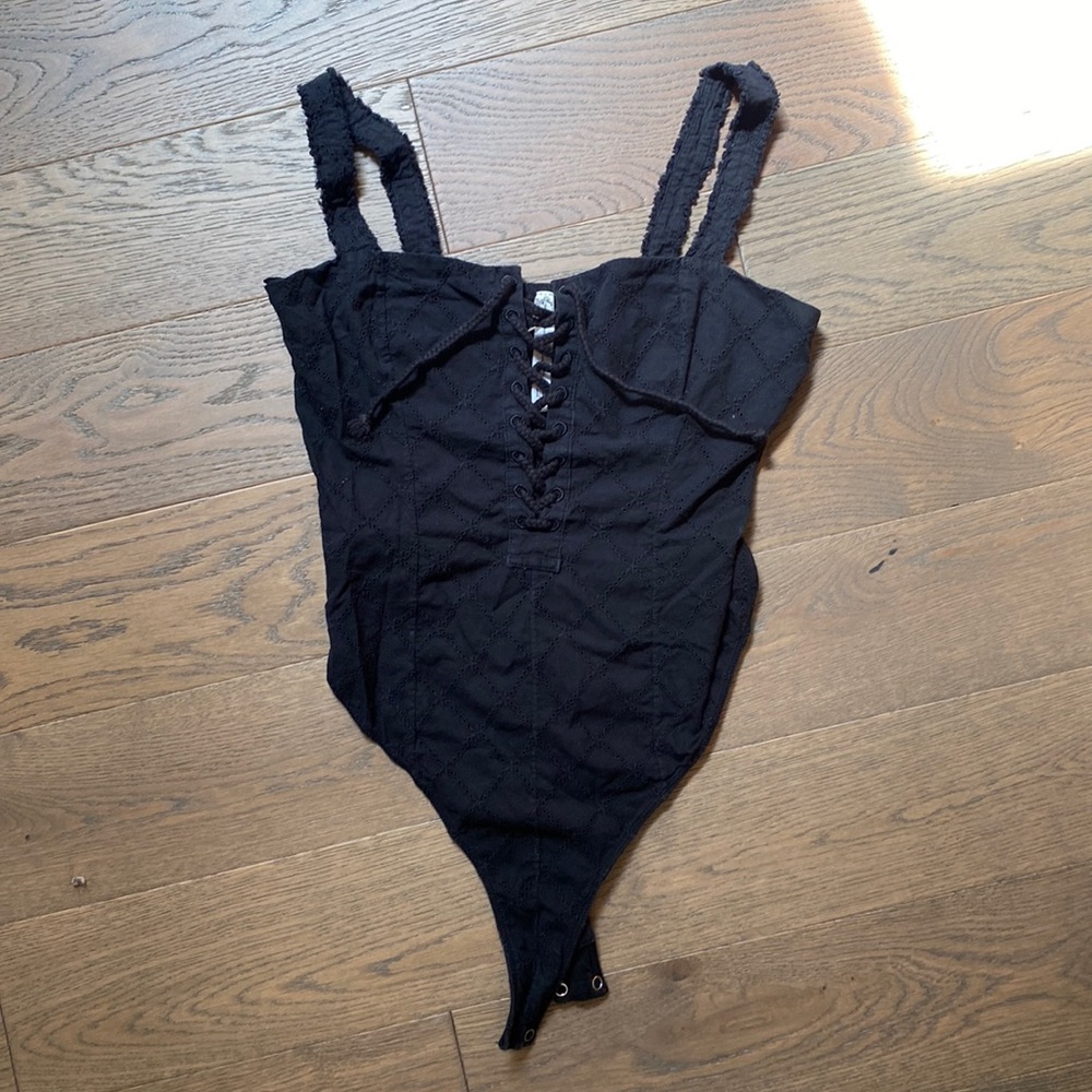 Free People Intimately Black Lace Up Bodysuit